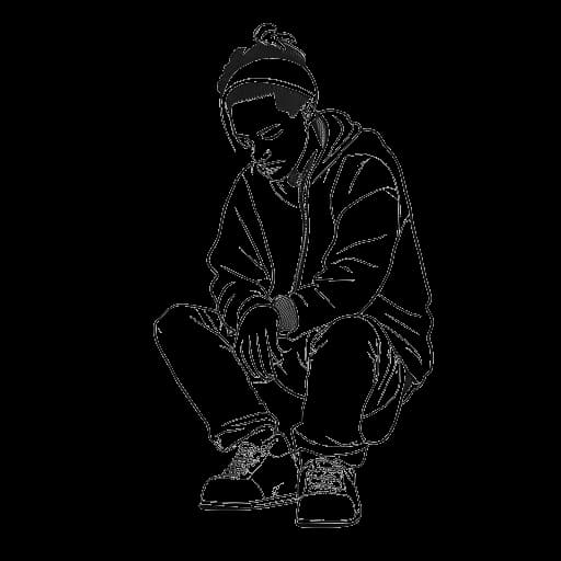 Line art drawing of a young man, representing 6ix9ine, sitting alone with a sad expression.