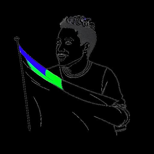 Line art drawing of a man, representing 6ix9ine, holding a rainbow flag.