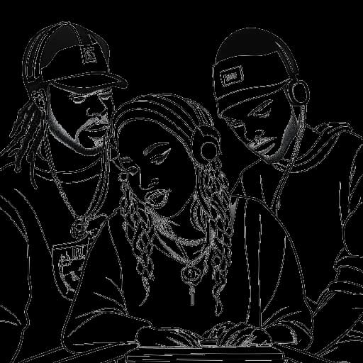 Line art drawing of three people, representing 6ix9ine, Nicki Minaj, and Murda Beatz, working together in a music studio.