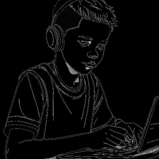 Disegno in stile line art di un ragazzo giovane, che rappresenta l'Agente 00 durante i suoi primi giorni su YouTube all'età di 12 anni, mostrando abilità in NBA 2K e imprese imprenditoriali.