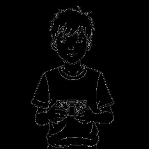 Desenho artístico de um menino segurando um controle de videogame e uma bola de basquete, representando o Agente 00.