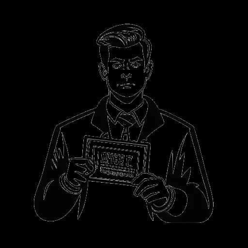 Desenho artístico de um homem segurando um crachá de 'preso' com uma licença suspensa ao fundo, representando o Agente 00.