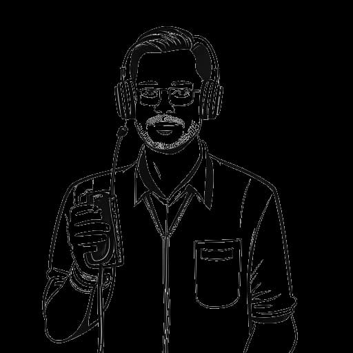 Desenho artístico de um homem segurando merchandise com um microfone de podcast ao fundo, representando o Agente 00.