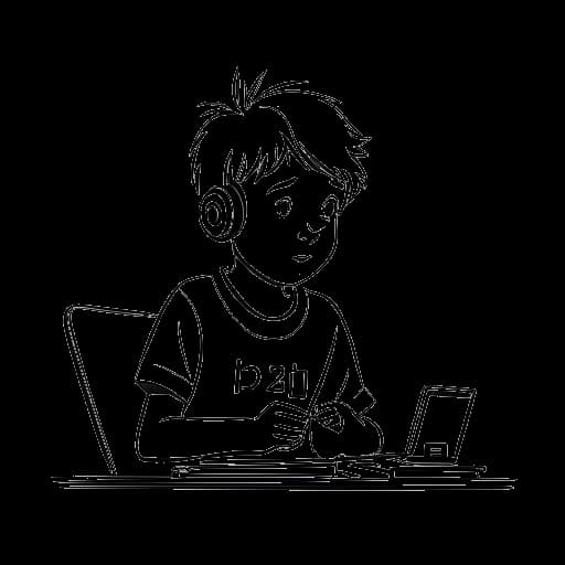 Desenho artístico de um menino editando imagens de vídeo com o número '12' exibido, representando o Agente 00.