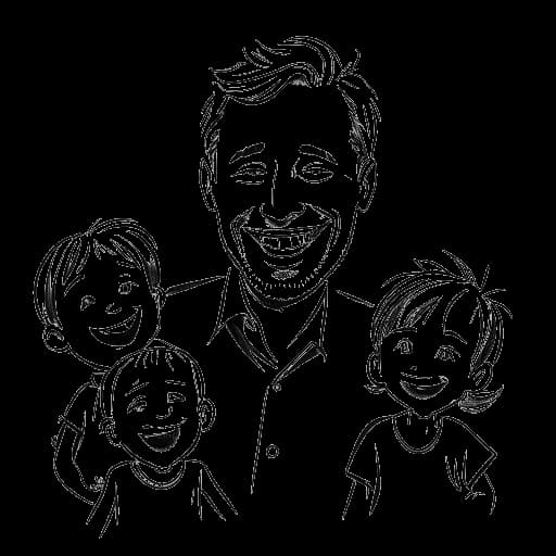 Disegno in bianco e nero di una figura carismatica, che rappresenta Travis Kelce, coinvolta con i bambini a sinistra, illustrando i suoi sforzi filantropici, mentre si rivolge a una telecamera a destra, indicativa delle sue imprese nel mondo dell'intrattenimento, il tutto su uno sfondo bianco
