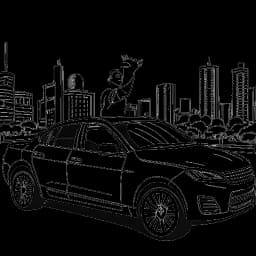 Disegno in bianco e nero di un individuo espressivo, che rappresenta Travis Kelce, seduto in un'auto di lusso con grattacieli sullo sfondo da un lato e interagendo calorosamente con i fan dall'altro, mostrando i suoi interessi vari e l'affinità per la comunità, su uno sfondo bianco