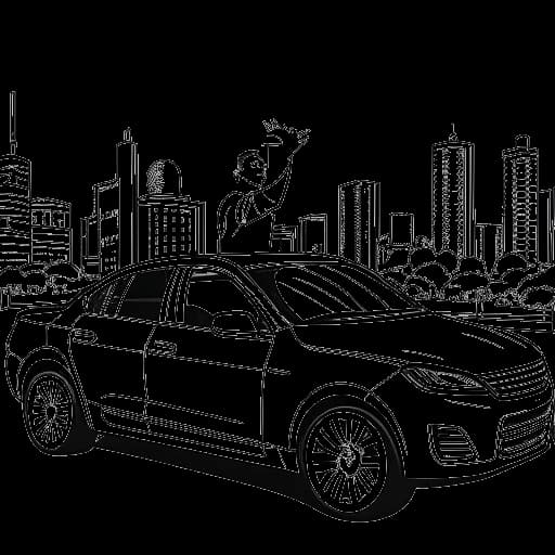 Disegno in bianco e nero di un individuo espressivo, che rappresenta Travis Kelce, seduto in un'auto di lusso con grattacieli sullo sfondo da un lato e interagendo calorosamente con i fan dall'altro, mostrando i suoi interessi vari e l'affinità per la comunità, su uno sfondo bianco