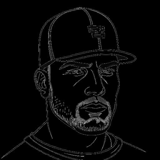 Lijntekening van een man, die Travis Kelce voorstelt, kijkend naar een footballhelm en een honkbalpet.