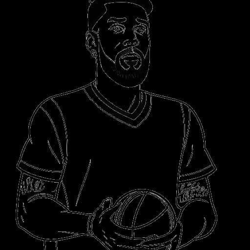 Lijntekening van een man, die Travis Kelce voorstelt, een football vasthoudend en een Beastie Boys T-shirt draagt.