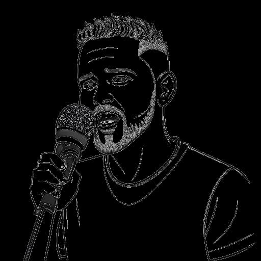 Lijntekening van een man, die Travis Kelce voorstelt, met een microfoon en kijkend in een camera.