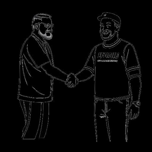 Lijntekening van een man, die Travis Kelce voorstelt, die de hand schudt met een man die een eigenaar van een Formule 1-team voorstelt.