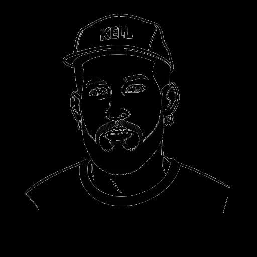 Lijntekening van een man, die Travis Kelce voorstelt, met een bord in zijn hand met de fonetische spelling van zijn achternaam, 'Kell-ss'.