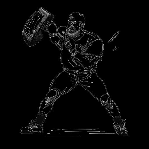 Lijntekening van een man, die Travis Kelce voorstelt, die een footballrecord breekt met een voorhamer.