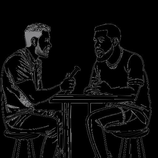 Lijntekening van een man, die Travis Kelce voorstelt, aan een tafel met een microfoon, in gesprek met zijn broer.