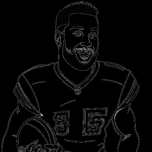 Lijntekening van een man, die Travis Kelce voorstelt, een Pro Bowl shirt draagt, een football vasthoudt en lacht.