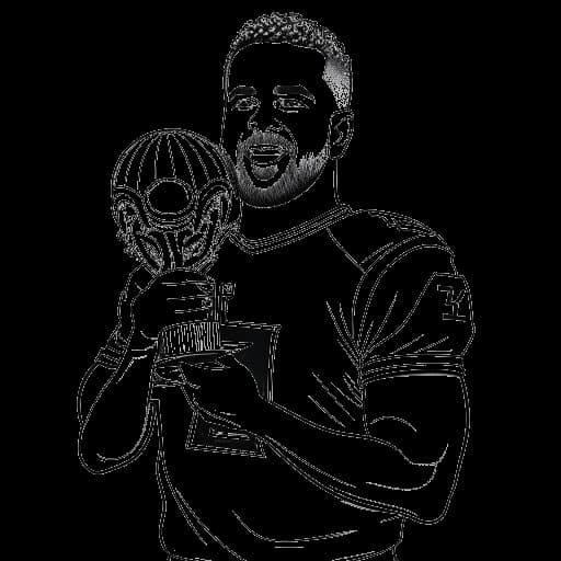 Lijntekening van een man, die Travis Kelce voorstelt, die een Super Bowl-trofee en een football vasthoudt.