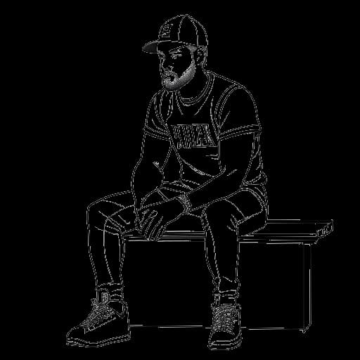 Lijntekening van een man, die Travis Kelce voorstelt, zittend op een bank met een helm in zijn schoot.
