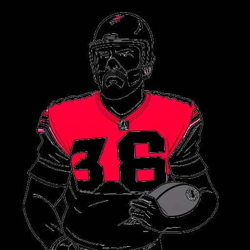 Lijntekening van een man, die Travis Kelce voorstelt, met een Kansas City Chiefs shirt aan, een football vasthoudend en vastberaden kijkend.