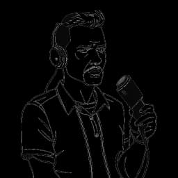 Eine einzeilige Zeichnung eines Mannes, der MontanaBlack darstellt, mit einem entschlossenen Gesichtsausdruck. Er hält ein Mikrofon in einer Hand und einen Gaming-Controller in der anderen, alles vor einem weißen Hintergrund.