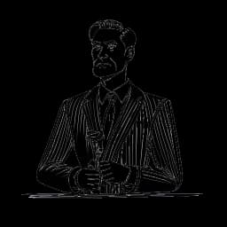 Eine einzeilige Zeichnung eines Mannes, der MontanaBlack repräsentiert, einen Anzug trägt und in einem Gerichtssaal steht. Er hält einen Hammer in der Hand und hat einen besorgten Gesichtsausdruck, alles vor einem weißen Hintergrund.