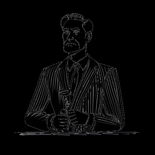 Eine einzeilige Zeichnung eines Mannes, der MontanaBlack repräsentiert, einen Anzug trägt und in einem Gerichtssaal steht. Er hält einen Hammer in der Hand und hat einen besorgten Gesichtsausdruck, alles vor einem weißen Hintergrund.