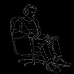 Eine einzeilige Zeichnung eines Mannes, der MontanaBlack darstellt und auf einem Gaming-Stuhl sitzt. Er trägt Kopfhörer und hält einen Game-Controller, mit einem konzentrierten Gesichtsausdruck, alles vor einem weißen Hintergrund.