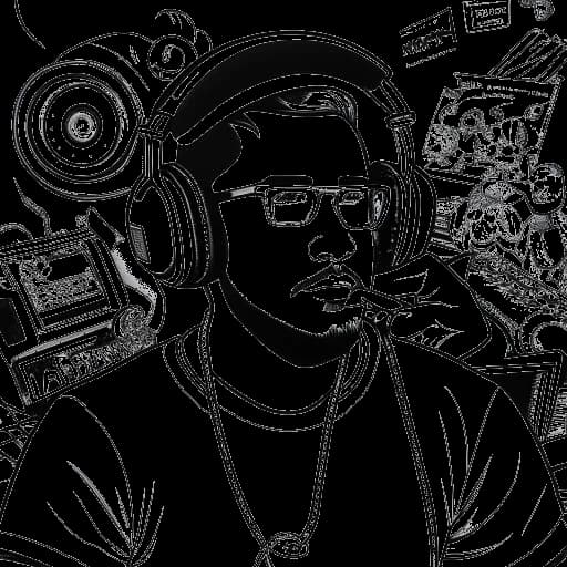 Strichzeichnung eines Mannes, der MontanaBlack darstellt, ein Headset und ein Mikrofon trägt und energisch zu seinen Millionen von Anhängern auf Twitch streamt. Im Hintergrund sind Musiknoten, Bücher und Merchandise-Artikel zu sehen, die seine Unternehmungen in den Bereichen Musik, Schreiben und Merchandise symbolisieren.