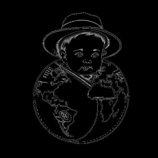 Strichzeichnung eines Babys, das MontanaBlack darstellt, mit einer Geburtsurkunde, einem Globus, der Deutschland zeigt, und einem Cowboyhut.