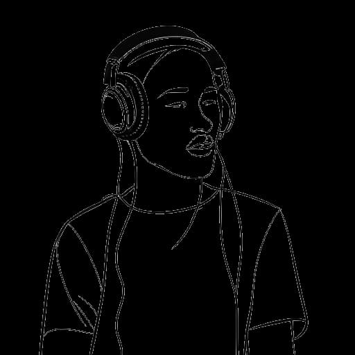 Strichzeichnung eines Mannes, der MontanaBlack repräsentiert, mit einem Headset, einem Mikrofon, einem Merchandise-T-Shirt und einer Musiknote.