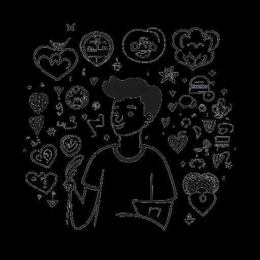 Strichzeichnung eines Mannes, der MontanaBlack darstellt und eine Sprechblase hält, mit einem Herz und verschiedenen Suchtsymbolen im Hintergrund.