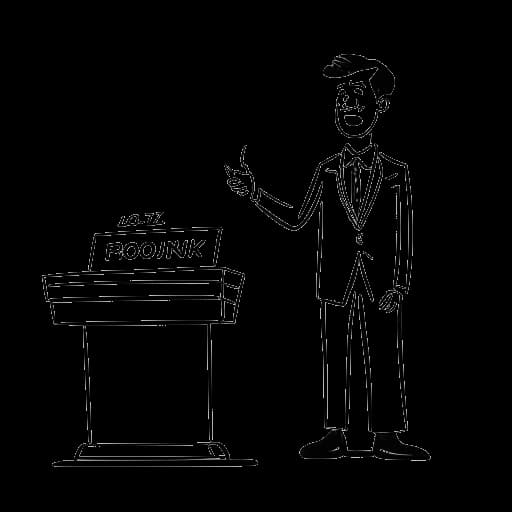 Strichzeichnung eines Mannes, der MontanaBlack repräsentiert, an einem Podium, der eine Rede hält, mit den Worten "Entschuldigung" und "Kontroverse" im Hintergrund.