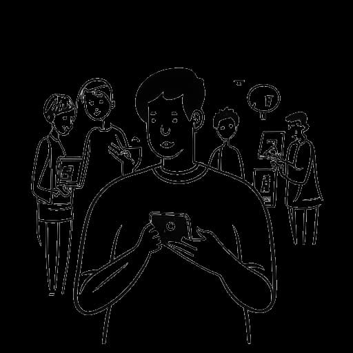 Strichzeichnung eines Mannes, der MontanaBlack repräsentiert und ein Smartphone mit Social-Media-Symbolen in der Hand hält, mit mehreren Personen im Hintergrund.