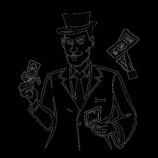 Strichzeichnung eines Mannes, der MontanaBlack repräsentiert und einen Hammer in der Hand hält, mit Spielkarten, einem Dollarzeichen und einem Glücksspielverbot im Hintergrund.