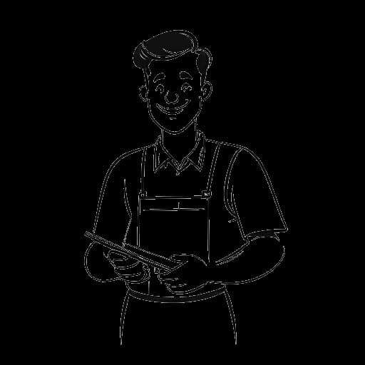 Strichzeichnung eines Mannes, der MontanaBlack darstellt, der eine Schürze eines Einzelhandelskaufmanns trägt und ein Zertifikat und einen Taschenrechner in der Hand hält.