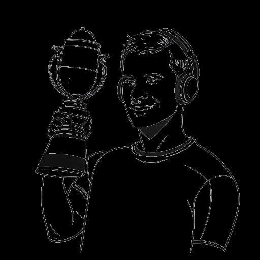 Strichzeichnung eines Mannes, der MontanaBlack repräsentiert, mit einem Headset, der eine Trophäe hält, mit einer deutschen Flagge und einem Streaming-Logo im Hintergrund.