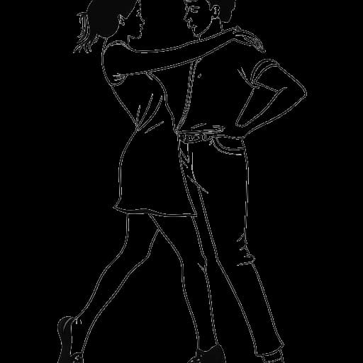 Desenho em arte linear de um jovem adulto, representando Bailey Munoz, dançando com um parceiro.