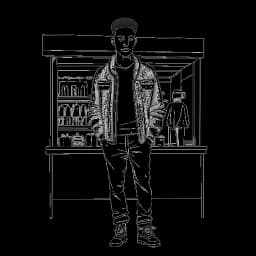 Lijnart-tekening van een man, Kai Cenat voorstellend, gekleed in stijl, staande voor een tweedehandswinkel in de Bronx, tegen een witte achtergrond.