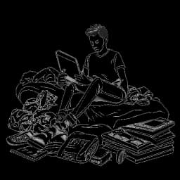 Lijnart van een man, Kai Cenat voorstellend, zittend op de rand van een bed en een betekenisvol vel papier vasthoudend met talrijke merksneakers om hem heen tegen een witte achtergrond.