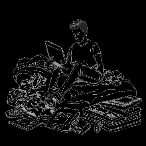 Lijnart van een man, Kai Cenat voorstellend, zittend op de rand van een bed en een betekenisvol vel papier vasthoudend met talrijke merksneakers om hem heen tegen een witte achtergrond.