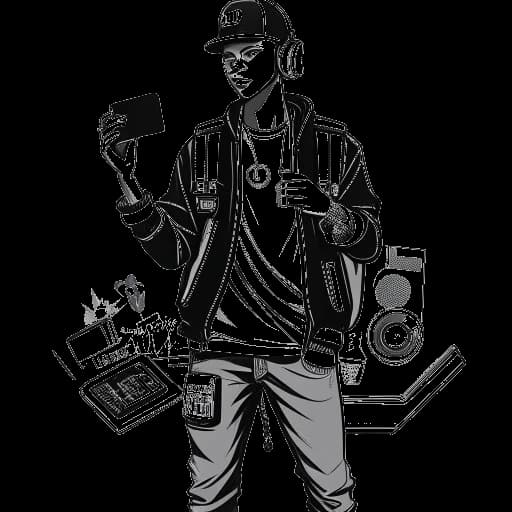 Strichzeichnungen eines Mannes, der Kai Cenat repräsentiert, der Straßenkleidung trägt und ein Mikrofon in der einen Hand und einen Spielcontroller in der anderen hält. Um ihn herum sind YouTube- und Twitch-Logos abgebildet, die seine wichtigsten Einkommensquellen darstellen, alles gegen einen weißen Hintergrund.