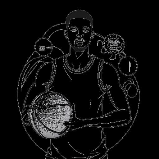 Strichzeichnung eines jungen Mannes, der Kai Cenat darstellt, hält einen Basketball, mit einem Korb und sozialen Medien-Logos im Hintergrund