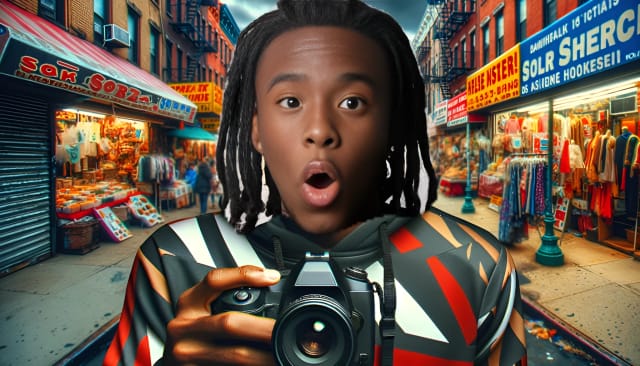 Kai Cenat holding a camera tripod, wearing a streetwear hoodie, with Bronx street scene in the background.