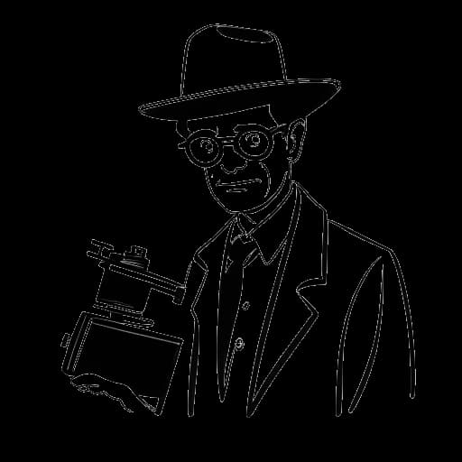 Strichzeichnung eines Mannes, der Harry G repräsentiert, der einen Regisseurshut trägt und ein Filmklappenbrett hält