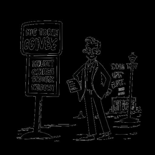 Strichzeichnung eines Mannes, der Harry G repräsentiert, der an einer Wegkreuzung mit Comedy- und Geschäftsschildern steht