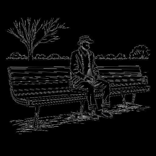 Strichzeichnung eines Mannes, der Harry G repräsentiert, der auf einer Parkbank sitzt und Menschen beobachtet