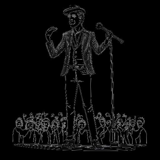 Strichzeichnung eines Mannes, der Harry G repräsentiert, der auf einer Bühne mit bayerischen Kulturgegenständen im Hintergrund auftritt