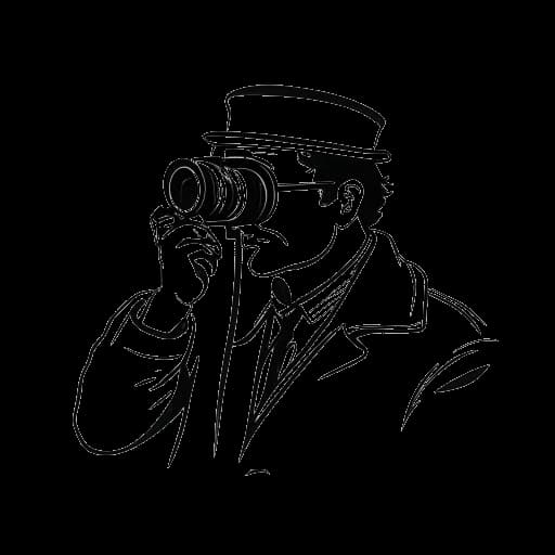 Strichzeichnung eines Mannes, der Harry G repräsentiert, der Menschen durch ein Fernglas beobachtet