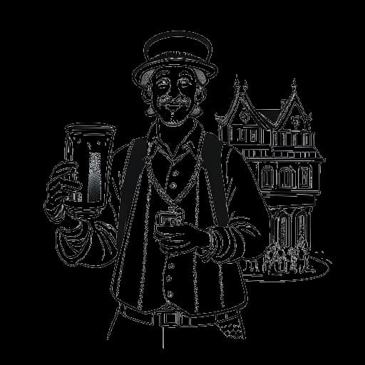 Strichzeichnung eines Mannes, der Harry G repräsentiert, der ein Bierkrug hält und vor einer Szene des Münchner Oktoberfests steht