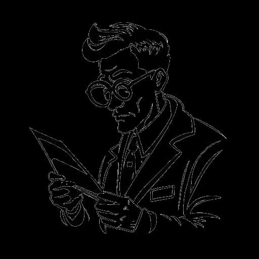 Strichzeichnung eines Mannes, der Harry G repräsentiert, der eine Lupe hält und ein Dokument liest