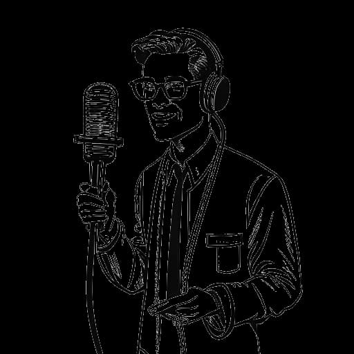 Strichzeichnung eines Mannes, der Harry G repräsentiert, der ein Mikrofon hält und vor Radiosenderlogos steht